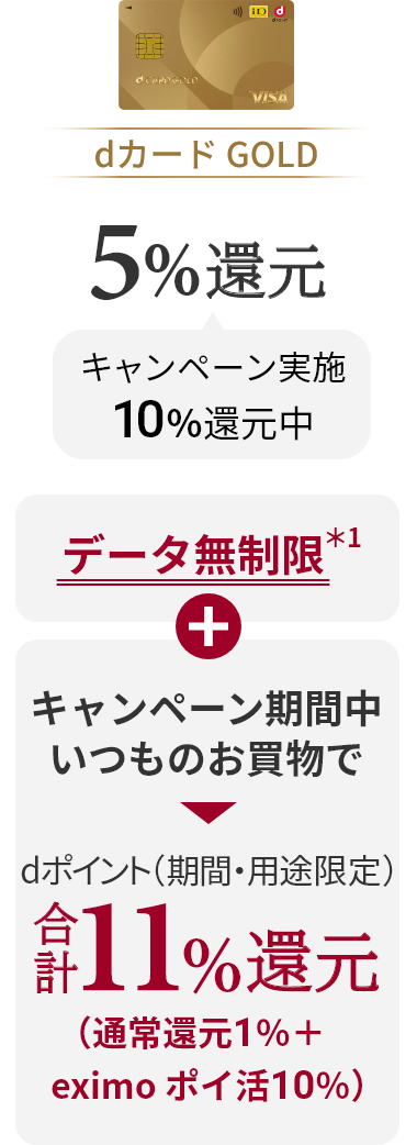 dカード GOLD 5%還元 キャンペーン実施10%還元中 データ無制限*1+キャンペーン期間中いつものお買物で dポイント（期間・用途限定）合計11%還元（通常還元1%+eximoポイ活10%）