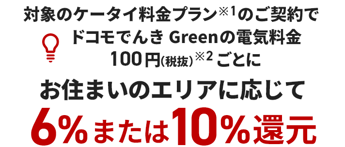 対象のケータイ料金プラン※1のご契約でドコモでんき Greenの電気料金100円(税抜)※2ごとにお住まいのエリアに応じてポイント還元